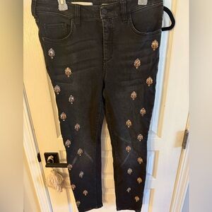 Pilcro Dark Skinny Jeans with Floral Embroidery